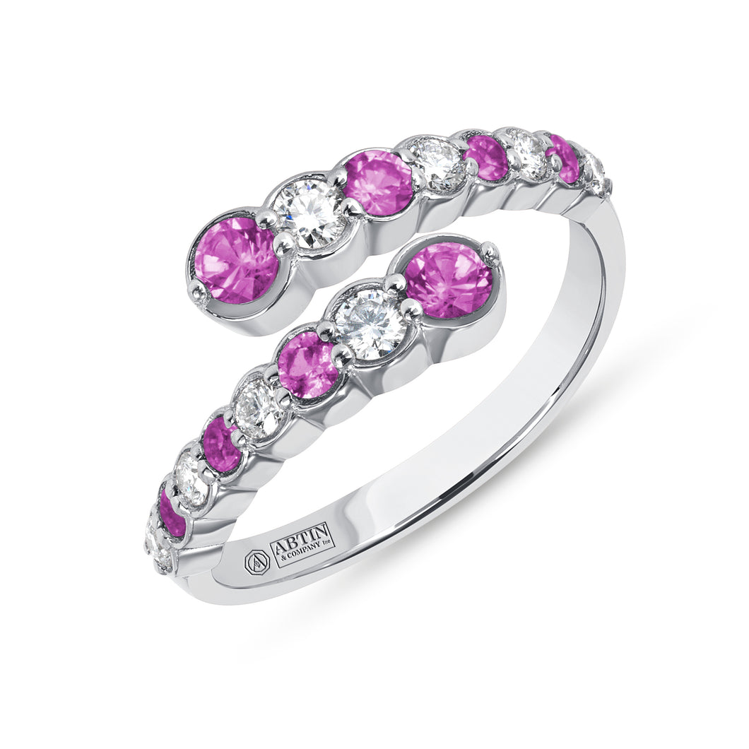 14K White Gold Alternate Diamond & Pink Sapphire Bezel Bypass Ring Band ABB-619V1W-PSD