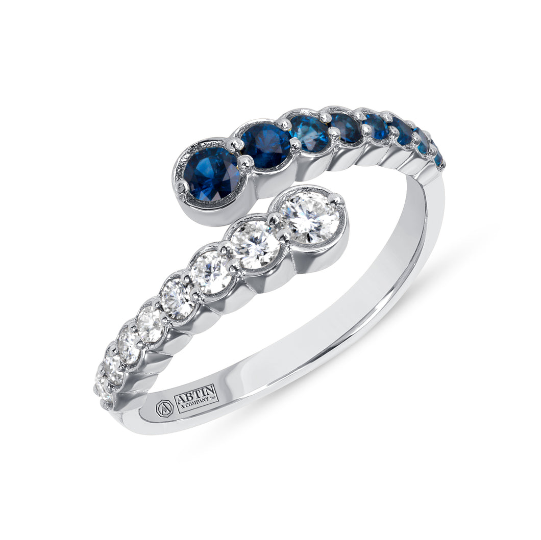 14K White Gold Alternate Diamond & Blue Sapphire Bezel Bypass Ring Band ABB-619V1Y-TQD