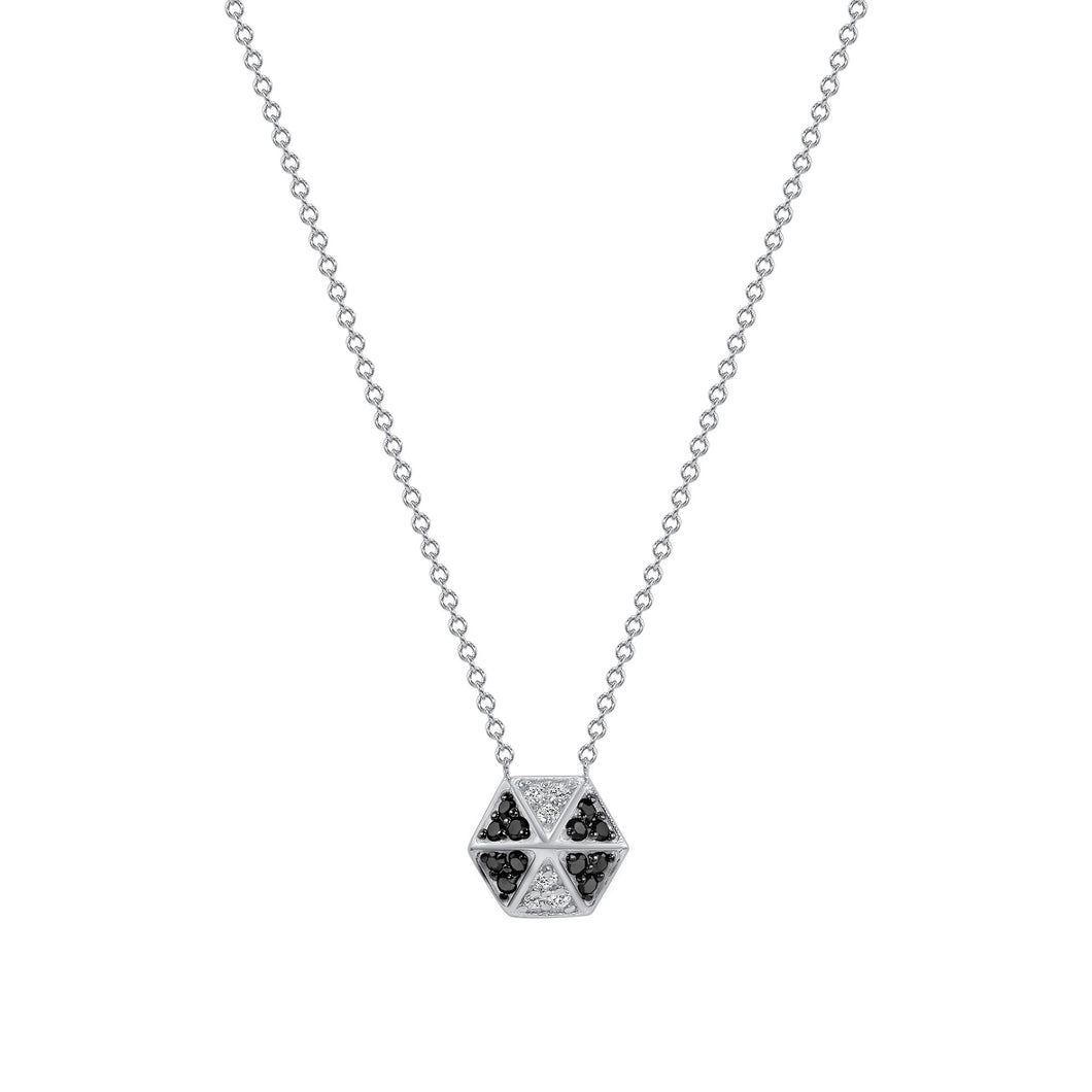 14k White Gold Hexagon Diamond & Black diamond Necklace