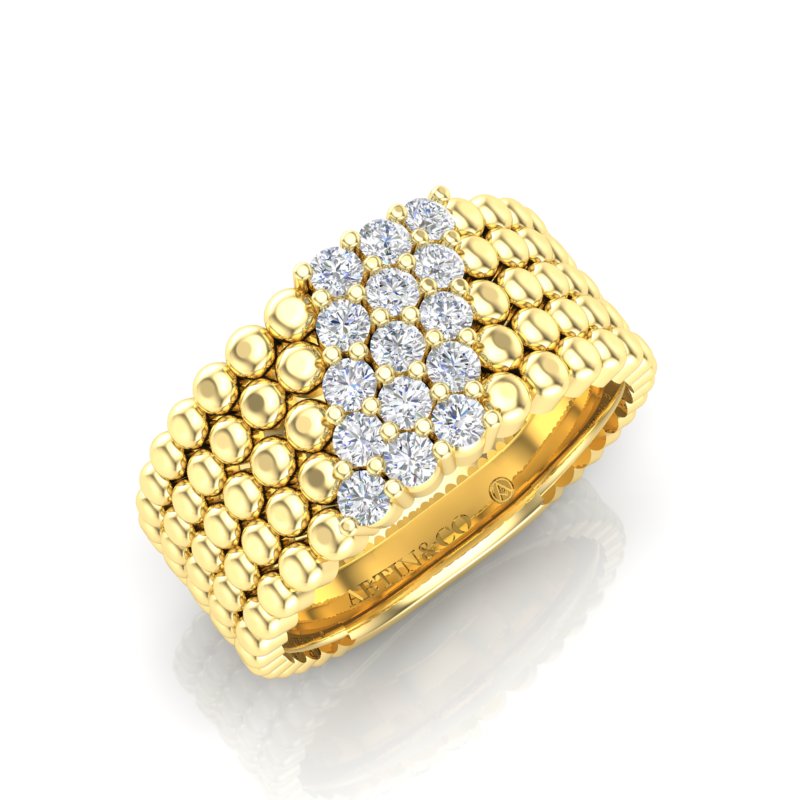 14K Yellow Gold Modern Three Rows Beaded Pattern Prong Set Diamond Band Ring