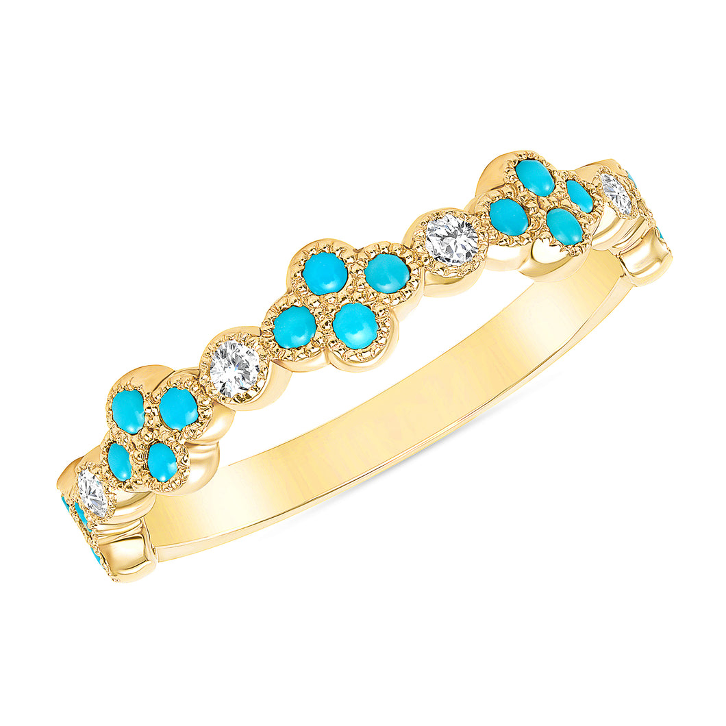 14K Gold Diamond & Turquoise Flower Ring/Stackable Band. GGDB-144V1-TQDD,  Color Stones, Color Stones, Belarino