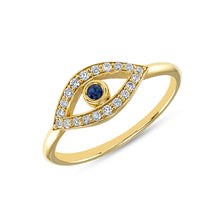 Load image into Gallery viewer, 14K Gold Diamond &amp; Blue Sapphire Evil Eye Ring. GGDB-222Y-BSD,  Color Stones, Color Stones, Belarino
