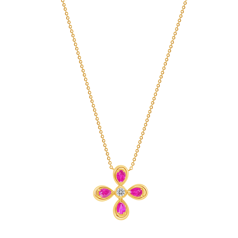 14K Yellow Gold Diamond & Pink Sapphire Flower Pendant,  Pendant, Pendant, Belarino