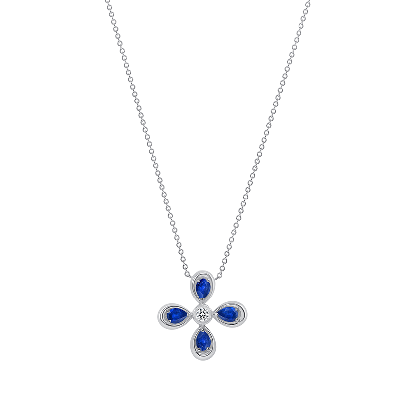 14K White Gold  Blue Sapphire & Diamond Flower Pendant,  Pendant, Pendant, Belarino