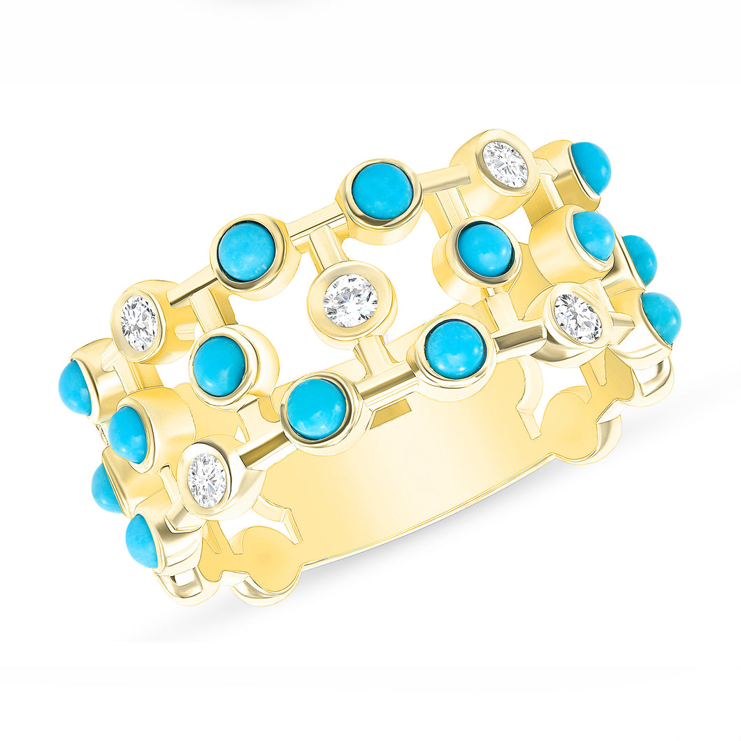 14K Diamond & Turquoise Bezel-set Ring. GDDB-218V2Y TQDD,  Rings & Stackable Bands, , Belarino