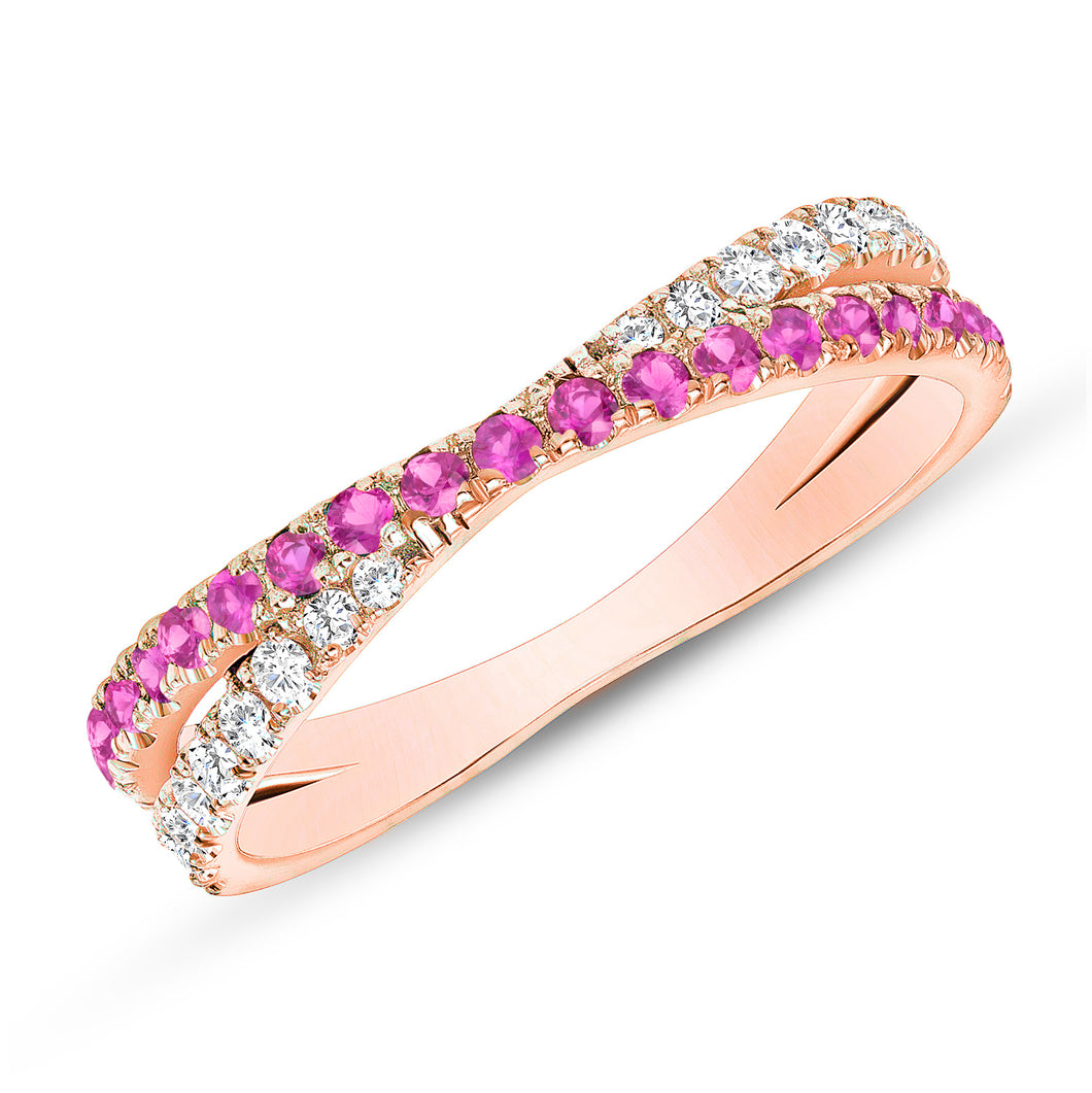 14K Gold Diamond & Pink Sapphire Criss-Cross Ring. GGDB-276R-PSDD,  Color Stones, Color Stones, Belarino