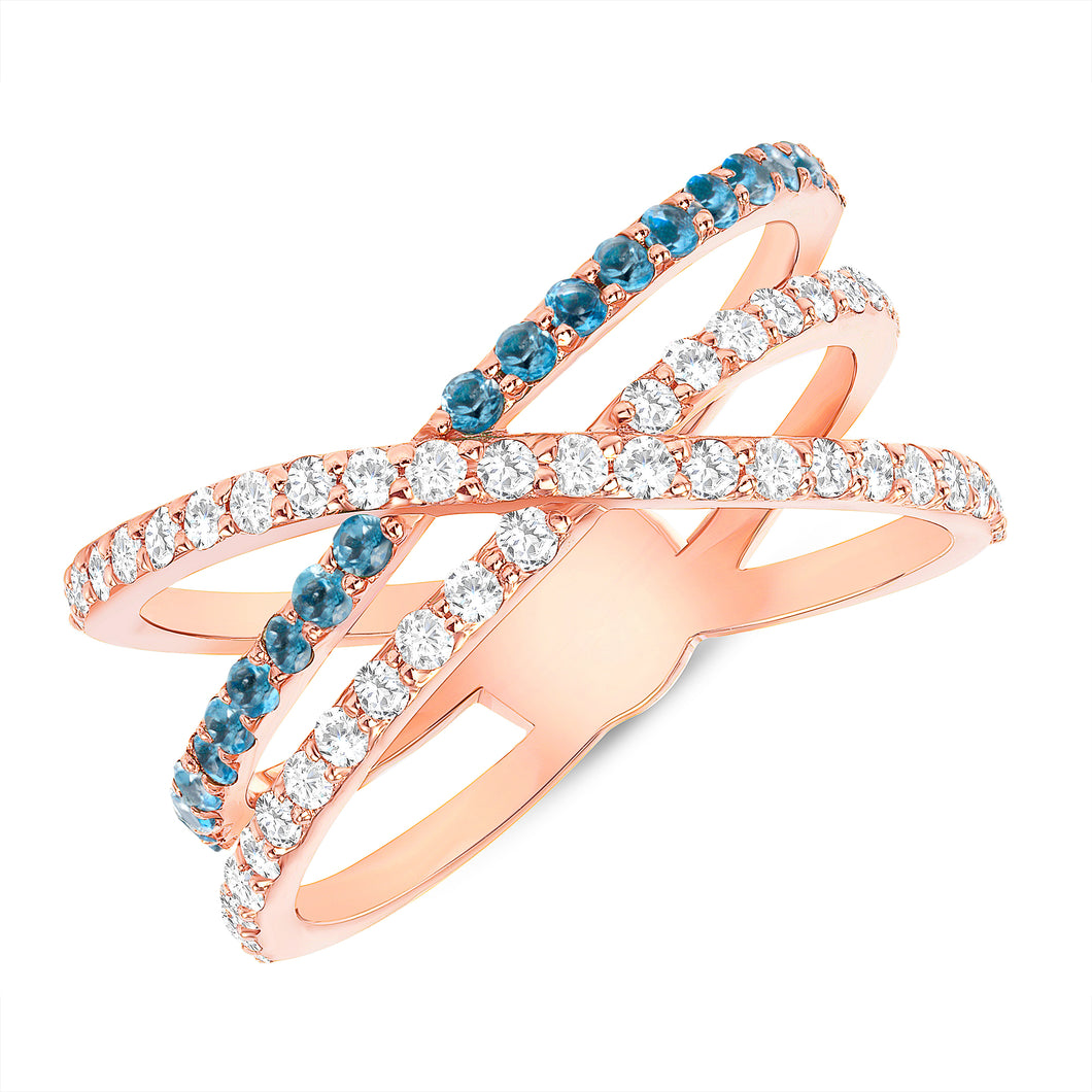 14K Diamond & Blue London Topaz Criss-Cross Ring. GGDB-286V1R-LBDD,  rings, Color Stones, colorstone rings, Belarino