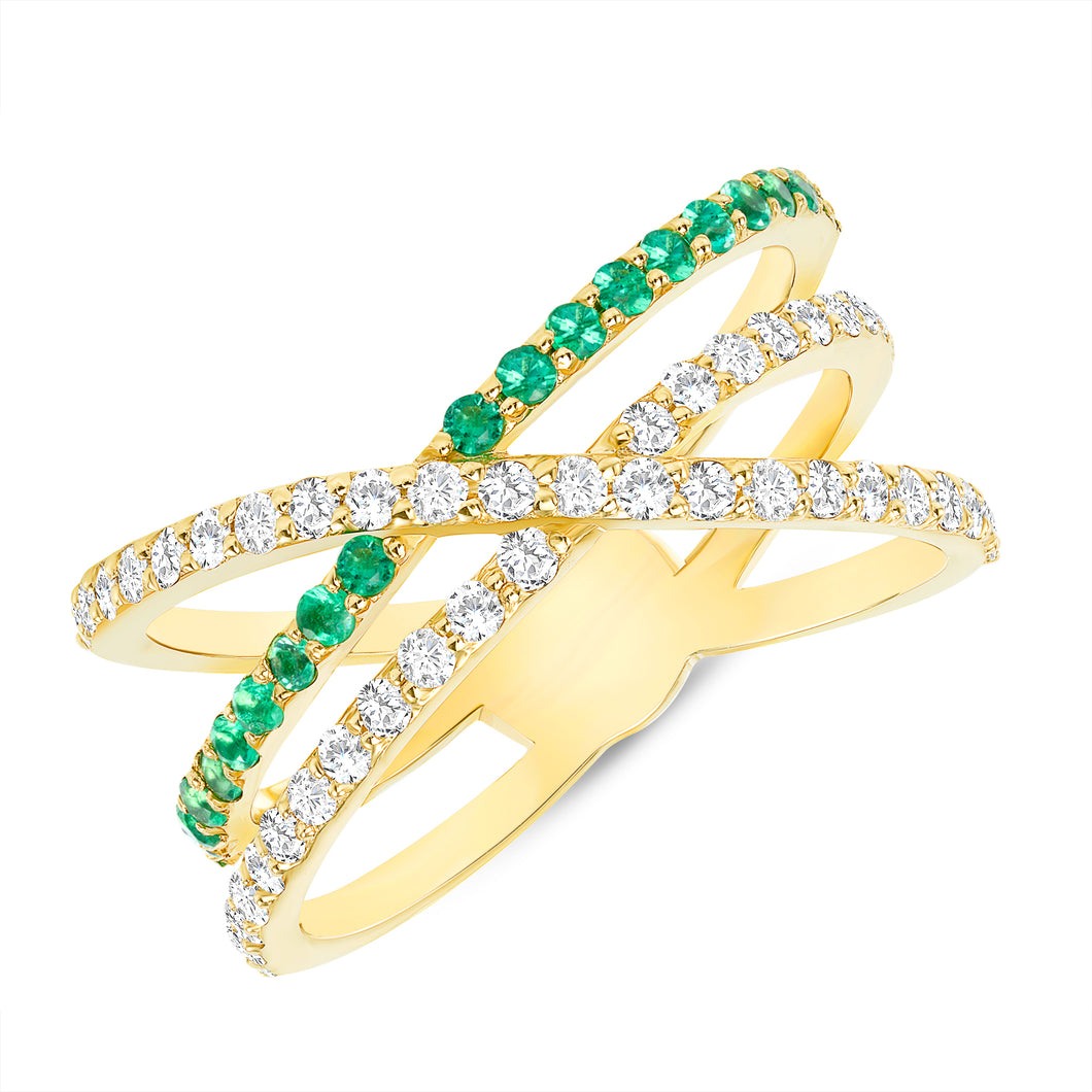 14K Diamond & Emerald Criss-Cross Ring. GGDB-286V1Y-EMDD,  Rings & Stackable Bands, Color Stones, Belarino