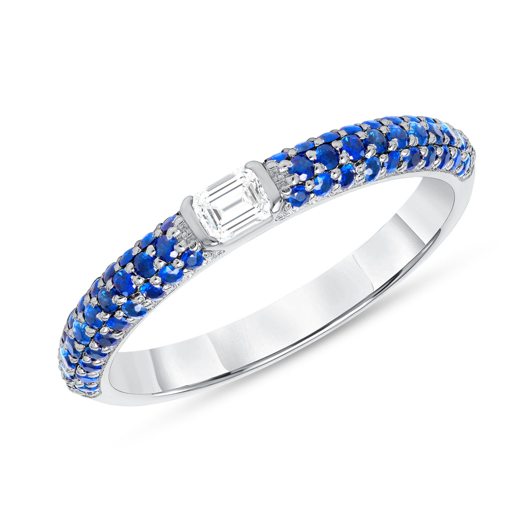 14K Gold Blue Sapphire & Emerald-cut Diamond Half Eternity Stackable Ring,  Color Stones, Color Stones, Rings & Stackable Bands, Belarino