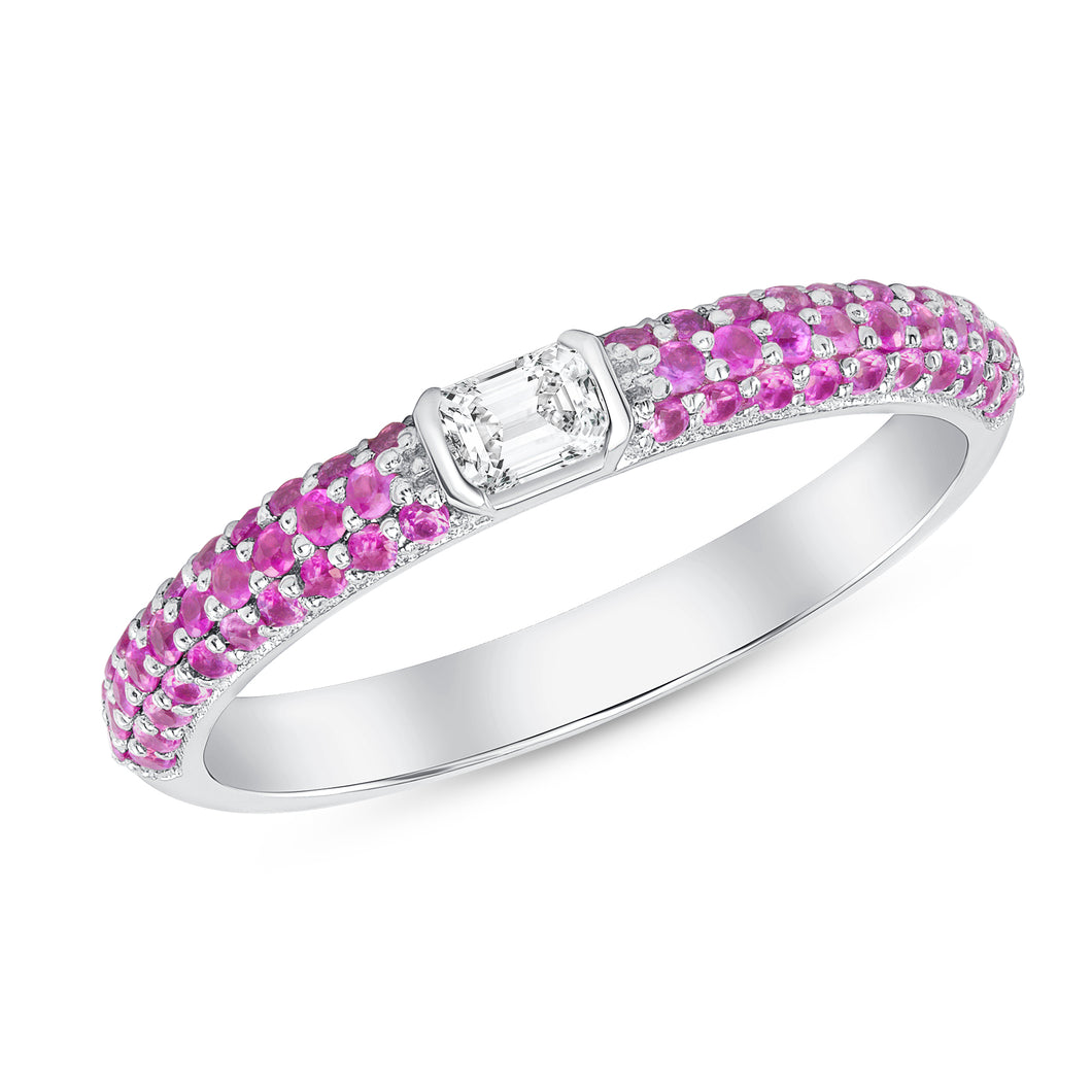 14K Gold Pink Sapphire & Emerald-cut Diamond Half Eternity Stackable Ring,  Color Stones, Color Stones, colorstone rings, Rings & Stackable Bands, Belarino