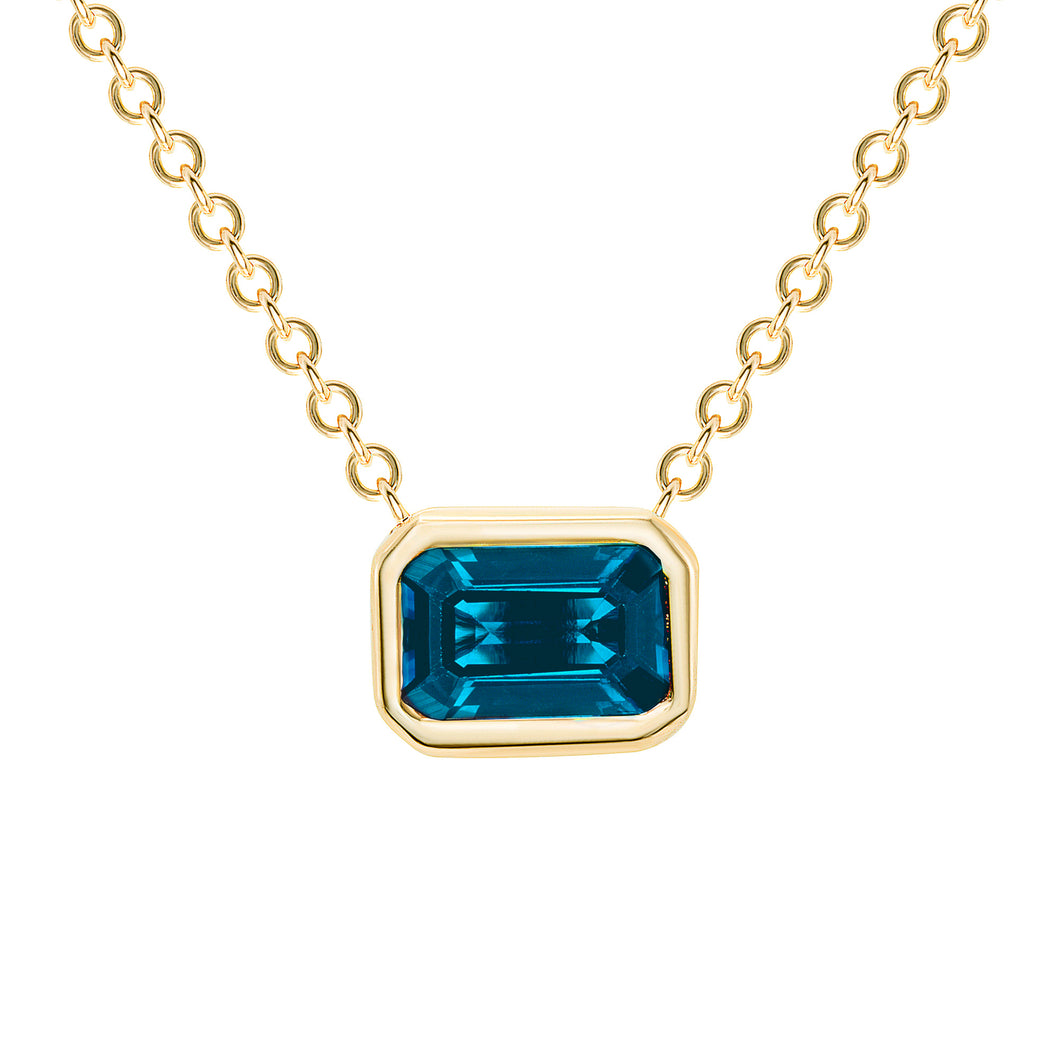 14K Emerald Cut London Blue Topaz Bezel Necklace. GGDN-143Y-LBF,  Necklace, Necklace, Belarino