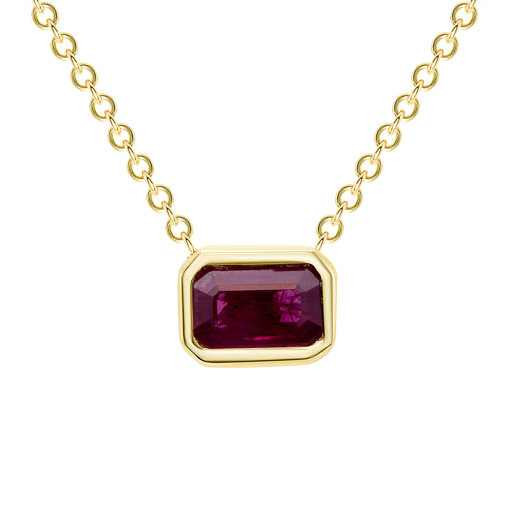 14K Emerald Cut Ruby Bezel Necklace. GGDN-143Y-RUF,  Necklace, Necklace, Belarino