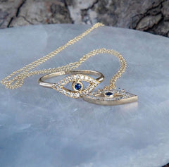 14K Gold Diamond & Blue Sapphire Evil Eye Pendant. GGDP-109-BSDD,  Pendant, Pendant, Belarino