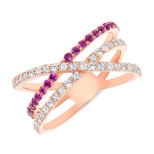 Load image into Gallery viewer, 14K Gold Diamond &amp; Pink Sapphire Criss-Cross Ring. GGDB-286V1R-PSDD,  Color Stones, Color Stones, Belarino

