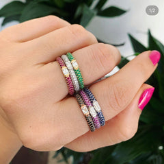 14K Gold Pink Sapphire & Emerald-cut Diamond Half Eternity Stackable Ring,  Color Stones, Color Stones, colorstone rings, Rings & Stackable Bands, Belarino