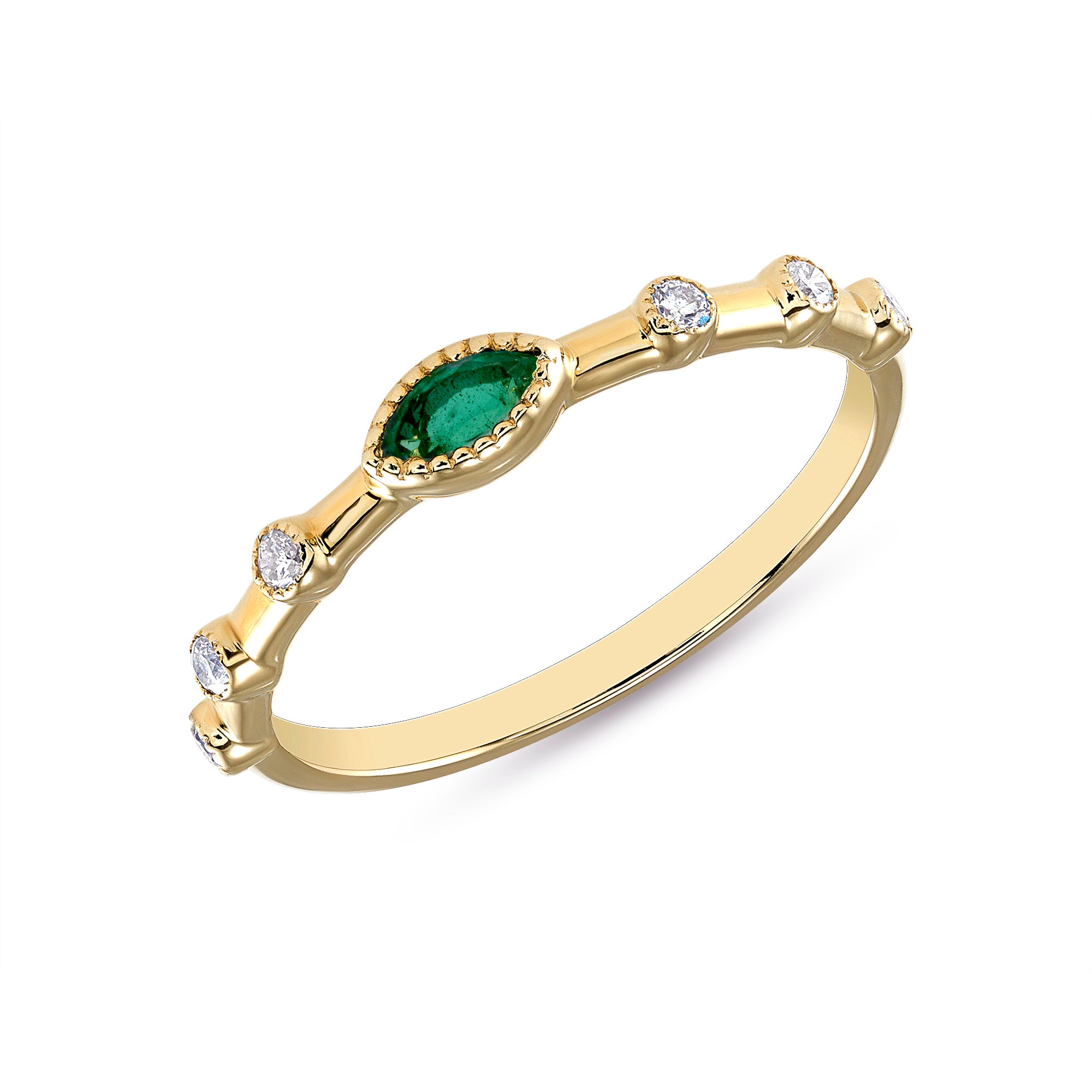 14K Gold Marquise Emerald & Diamond Bead & Eye Ring/Marquise Emerald Anniversary Ring/Marquise Emerald Stacking Band GGDB-161Y-EMD,  Color Stones, Color Stones, Belarino