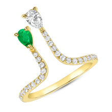 Load image into Gallery viewer, 14K Pear Shape Diamond &amp; Emerald Double Bar Fashion Ring. GGDB-307V2Y-EMDD,  Color Stones, Color Stones, Belarino
